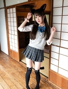 Sexy Japanese girl Ria Kurumi in school uniform shows her shaved pussy under her skirt