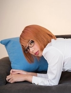 Glasses-wearing secretary Chie Kobayashi flashing her pussy on a couch