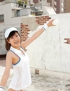 Kana Yuuki takes tennis skirt off while playing with ball