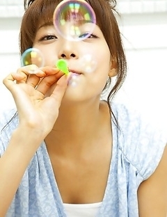 Saki Aibu in blue dress is so sexy doing soap bubbles