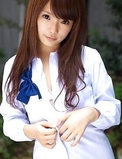 Manami Sato takes school uniform off and shows body outdoor