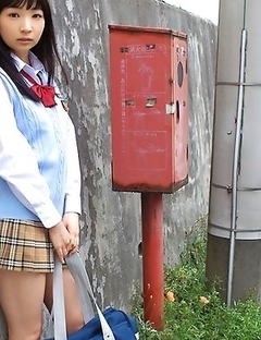 Kotone Moriyama in uniform bends and shows ass on street