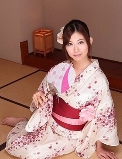 Natsume Inagawa shows round boobs and hairy pussy under kimono.