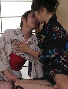 Tsubaki Kato and Maki Hojo rub and lick each other pussy under kimono.