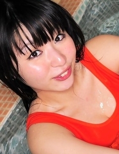 Megumi Suzumoto with big boobs in orange bath suit loves sports