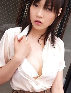 Airi Sakuragi unbottoms shirt and shows chest in white bra
