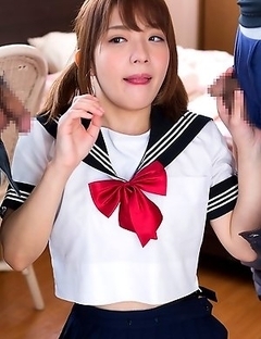 Schoolgirl Mari Rika sucking two cock