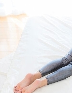 Uika Hoshikawa finally takes off her purple panties to reveal a trimmed pussy